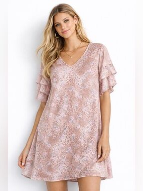 Entro Leopard Floral Ruffle Sleeve Dress Boho Cottagecore Coquette Girl Pink M